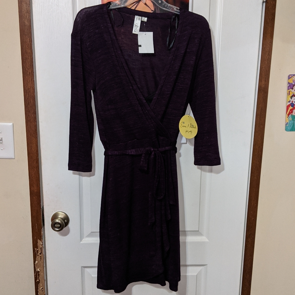 Emma & Michele Purple Layered Purple Wrap Tie Midi Dress 3/4 Sleeves Eyelet Sm
